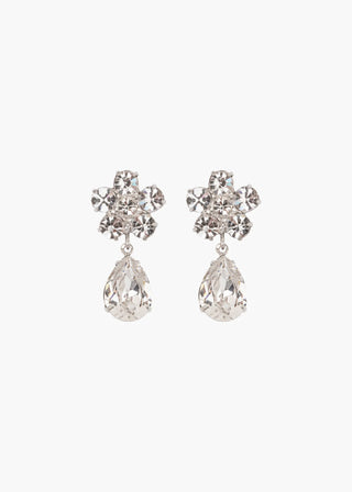 Pair of silver earrings with crystal elements on a white background