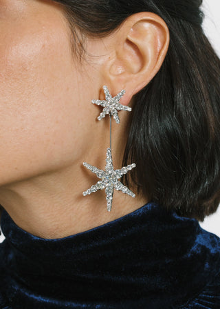 Side profile of model showcasing the Estee Earrings – bold and sparkling statement earrings