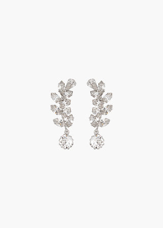 Pair of silver earrings with leaf-like designs on a white background