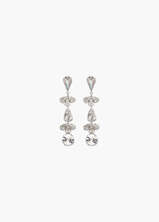 Sculptural designer earrings with elongated drop silhouette and intricately set crystals