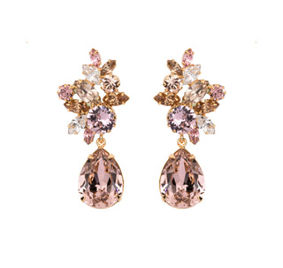 Old-Hollywood inspired earrings featuring crystal clusters and a graceful pear-shaped drop for elegant movement and light reflection.