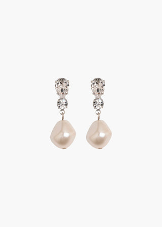 Pair of pearl earrings with crystal accents on a white background