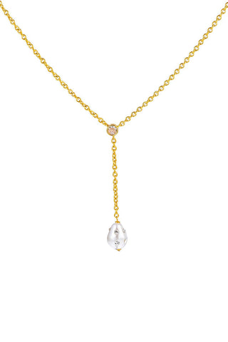 Gold necklace with a teardrop-shaped pendant on a white background