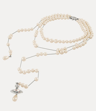 Close-up of the silver-tone Broken Pearl necklace highlighting the multi-colored Swarovski crystals and broken effect.