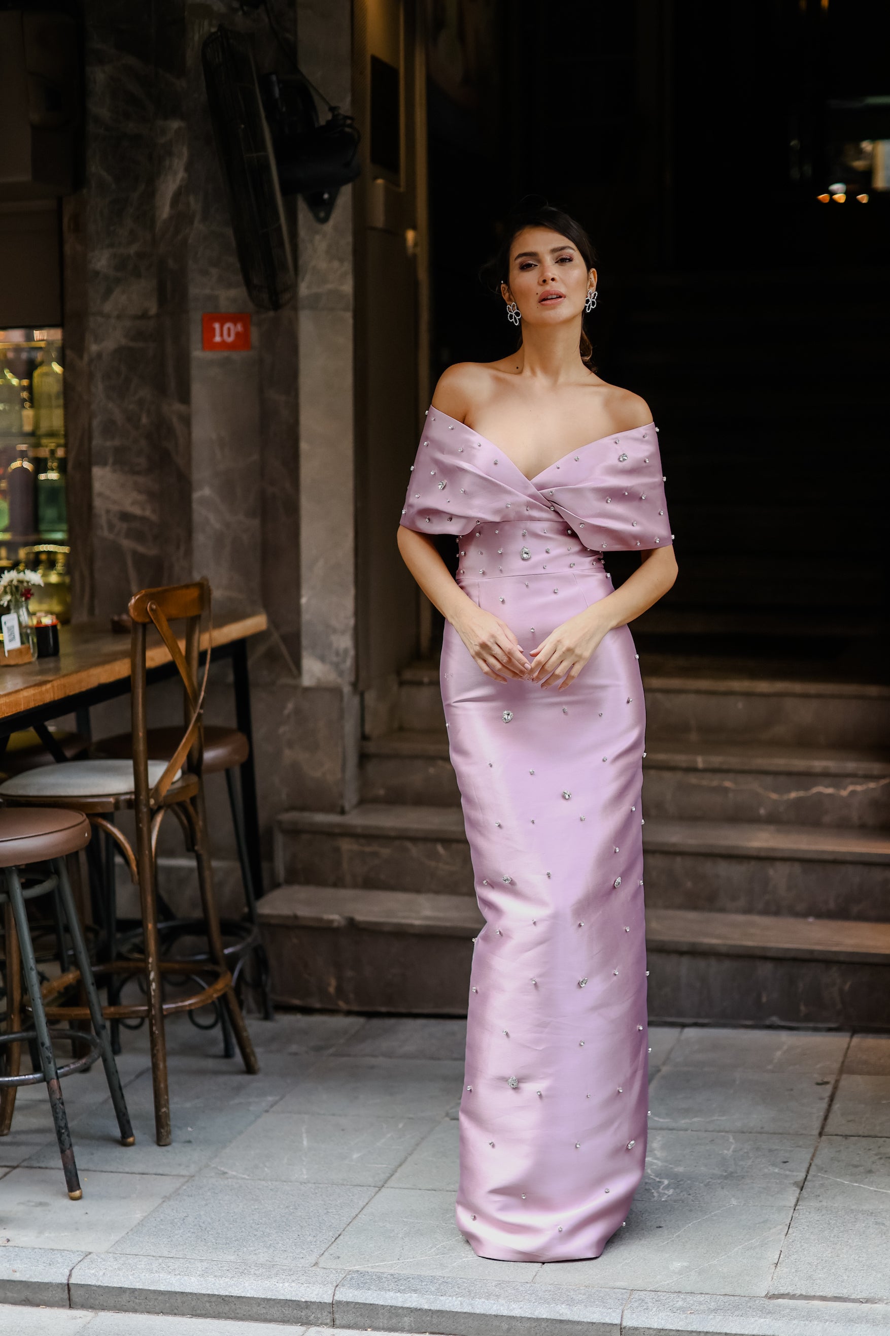 formal column dress Square Neckline Long Sleeve Column Dress