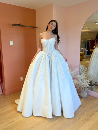 Structured lace corset ballgown with shiny organza skirt