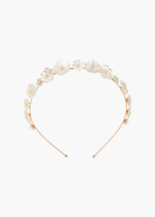 Jenna Headband displayed flat on a white background, emphasizing the details of the mother of pearl flowers and flexible headband design.