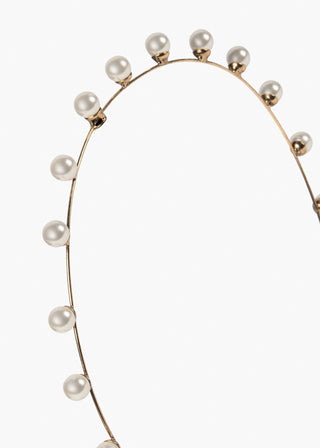 Close-up of the Iris Skinny Headband featuring iridescent Swarovski pearls, showcasing its delicate design and elegant finish.