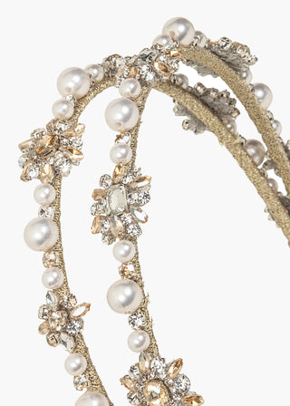 Close-up of the Manon Headband showcasing dual strands of shimmering crystals and pearls.