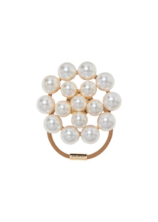 Sculptural pearl ponywrap featuring layered orb design and seamless elastic closure for elevated bridal hairstyles