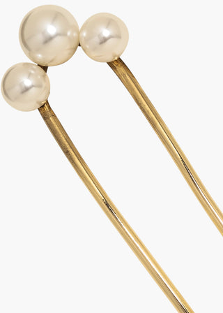 Detailed view of the Gretel Hair Pin against a clean white background, showcasing the intricate design and pearlescent sheen of the three Austrian crystal pearls.