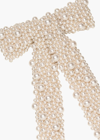 Close-up of the Donna Bow Barrette on a plain white background, focusing on the intricate pearl detailing.