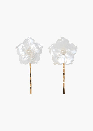 Elegant mother-of-pearl flowers with pearl accents on durable steel pins, designed for secure and stylish hair placement.