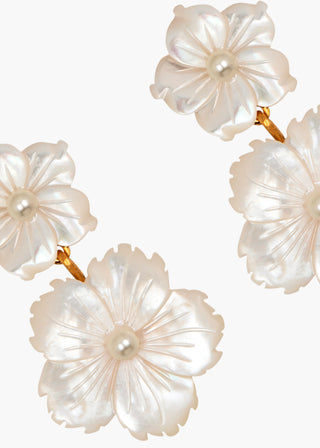 Close-up of the Tibby Earrings on a white background, showcasing the details of the carved flowers.