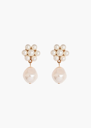 Sculptural floral stud earrings with cascading drop detail, designed for elegant evening looks and refined formalwear styling.
