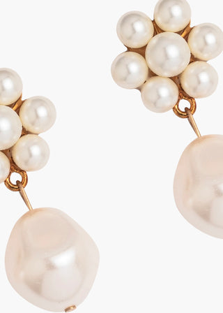 Romantic floral motif earrings featuring delicate pearl arrangement and bold dangling accent, ideal for high-fashion statement moments.