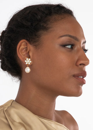 Sophisticated post-back earrings with artisanal pearl detailing and sculptural drop, designed for formal events and elevated ensembles.