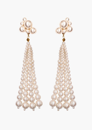 Dramatic drop earrings with cascading graduated pearl tassels and floral-inspired stud, perfect for luxury evening looks and designer styling.