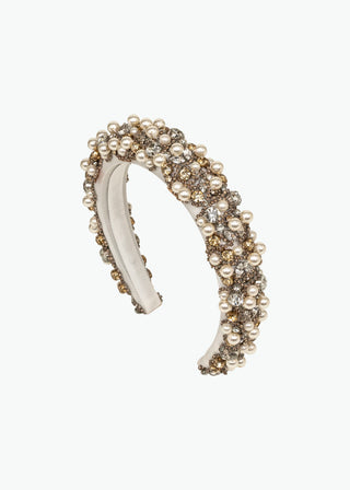 Ayden Headband on a white background, showcasing intricate embroidery of crystals and pearls.