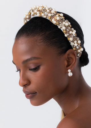 Model wearing the Ayden Headband, styled elegantly for a bridal look.