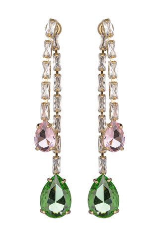 Pair of earrings with green and pink gemstones on a white background