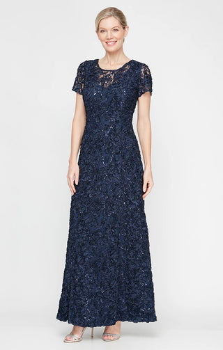 Long A-line evening gown with illusion neckline, short sleeves, and elegant soutache lace detailing