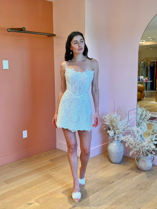Lace corset bridal mini dress with scalloped neckline
