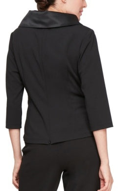 Sophisticated V-neck blazer featuring tailored silhouette, satin collar accent, and refined tie waist design