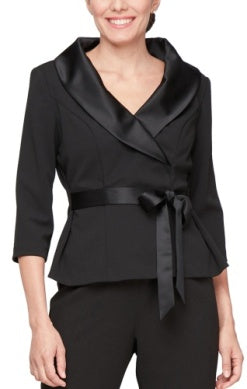 Structured peplum blazer with satin shawl collar, 3/4 sleeves, and tie waist detail for elegant evening wear