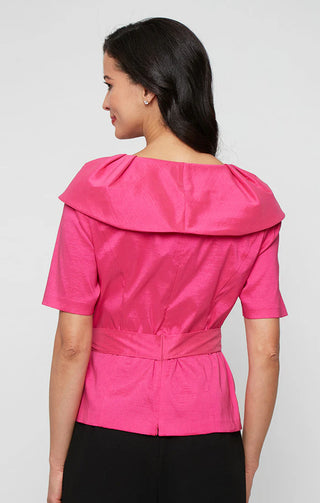 Luxury taffeta blouse featuring elbow sleeves, tailored silhouette, and statement bow waist accent for formal occasions