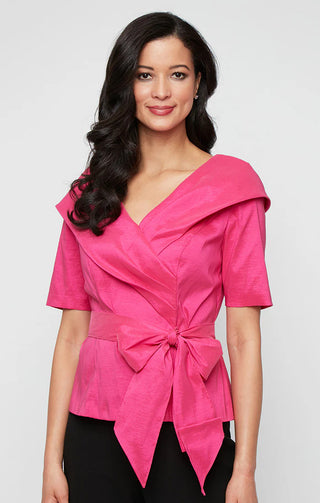 Sophisticated peplum blouse with structured V-neckline, dramatic collar, and tie waist detail for elegant evening wear
