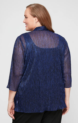 Sophisticated evening twinset featuring structured scoop neck top and draped foldover detail jacket