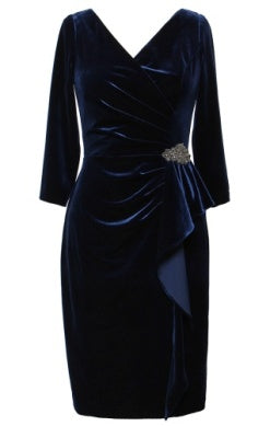 Velvet sheath midi dress with surplice V-neckline, 3/4 sleeves, and draped side detail accented by jeweled embellishment