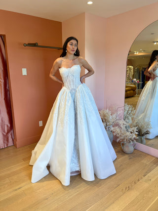 Structured lace corset ballgown with shiny organza skirt