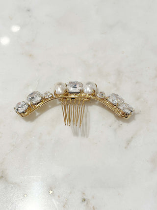 Halo & co couture hair comb with artisanal pearls and crystals, showcasing bespoke craftsmanship, luxury heritage, and signature bridal design expertise
