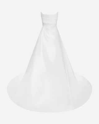 Front view of the Olivia by Alex Perry, a white strapless silk faille gown with a curved neckline, draped bodice, and a dramatic full skirt.