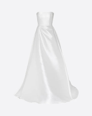 Abigail Gown by Alex Perry – Strapless Pleated Silk Faille Gown with Belt and Thigh-High Split.