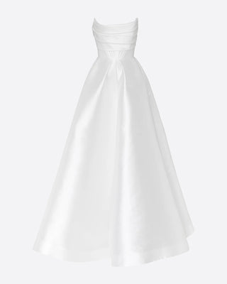 Strapless silk faille bridal ball gown with corsetted bodice and floor-length skirt.