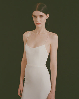 Model wearing the Alex Perry 'Jane' gown, featuring a minimalist design with thin spaghetti straps and a sleek, fitted silhouette against a dark background.