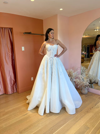 Structured lace corset ballgown with shiny organza skirt