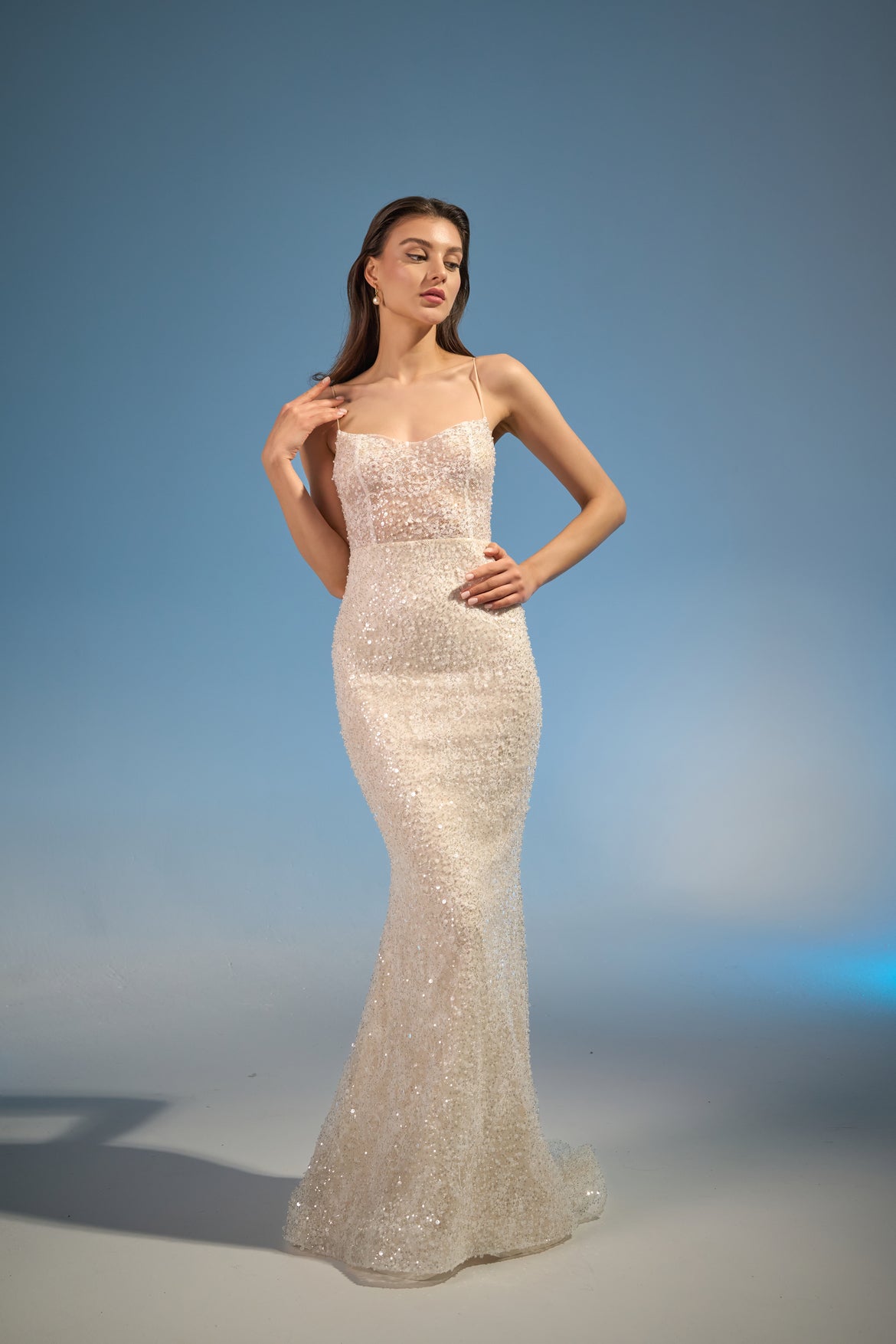 Bebe Mermaid Scoop Bridal Gown with Spaghetti Straps by Nadia's | Luxury Wedding Dress Made to Order / Custom color / 0 Bebe Mermaid Scoop Bridal Gown with Spaghetti Straps by Nadia's | Luxury Wedding Dress Made to Order / Custom color / 0