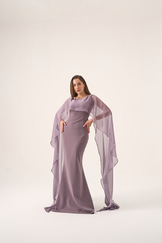 Formal gown with a graceful boat neckline and flowing cape sleeves, offering a luxurious silhouette for special events