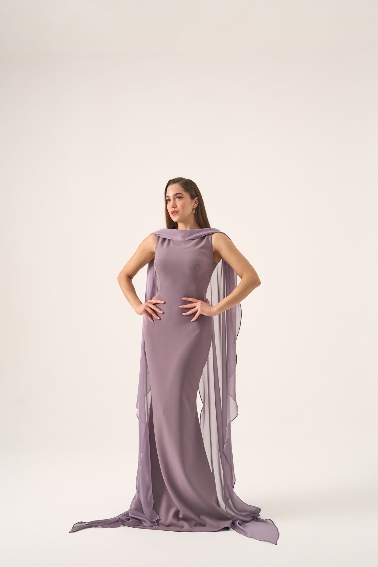 Bria Cape Gown by Nadias | Elegant Boat Neck Formal Dress In Stock / Dusty Lilac / 2 Bria Cape Gown by Nadias | Elegant Boat Neck Formal Dress In Stock / Dusty Lilac / 2