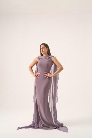 Chic evening gown with cape sleeves and a boat neckline, tailored to hug the figure elegantly for a timeless formal look