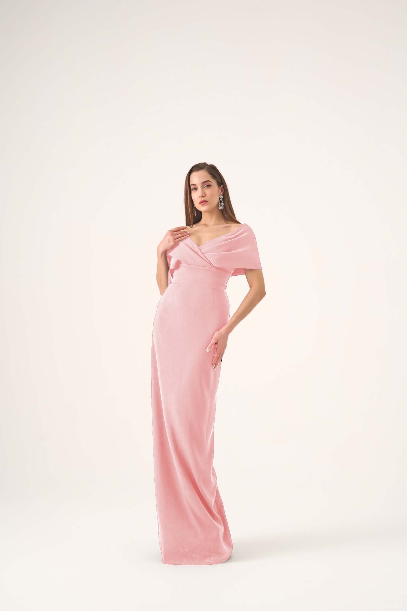 Claudia Crepe Off-Shoulder Gown – Luxury Evening Dress by Nadia's In Stock / Blush / 2 Claudia Crepe Off-Shoulder Gown – Luxury Evening Dress by Nadia's In Stock / Blush / 2
