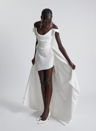 Vivienne Westwood couture bridal gown in silk cady with sculptural draped cowl neckline and artisanal British craftsmanship