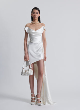Vivienne Westwood couture bridal gown in heavy silk satin with Bardot neckline and sweeping bespoke train