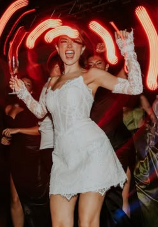 Lace corset bridal mini dress with scalloped neckline