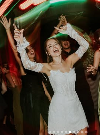 Lace corset bridal mini dress with scalloped neckline