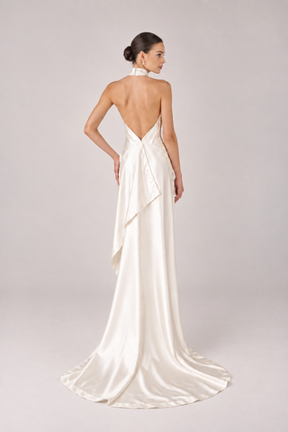 Cascade cowl neck top with open back